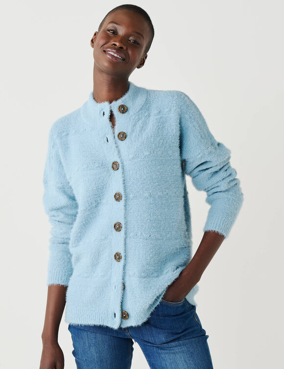 Cardigan boutonn&eacute; maille poilue fantaisie (gris bleut&eacute;)