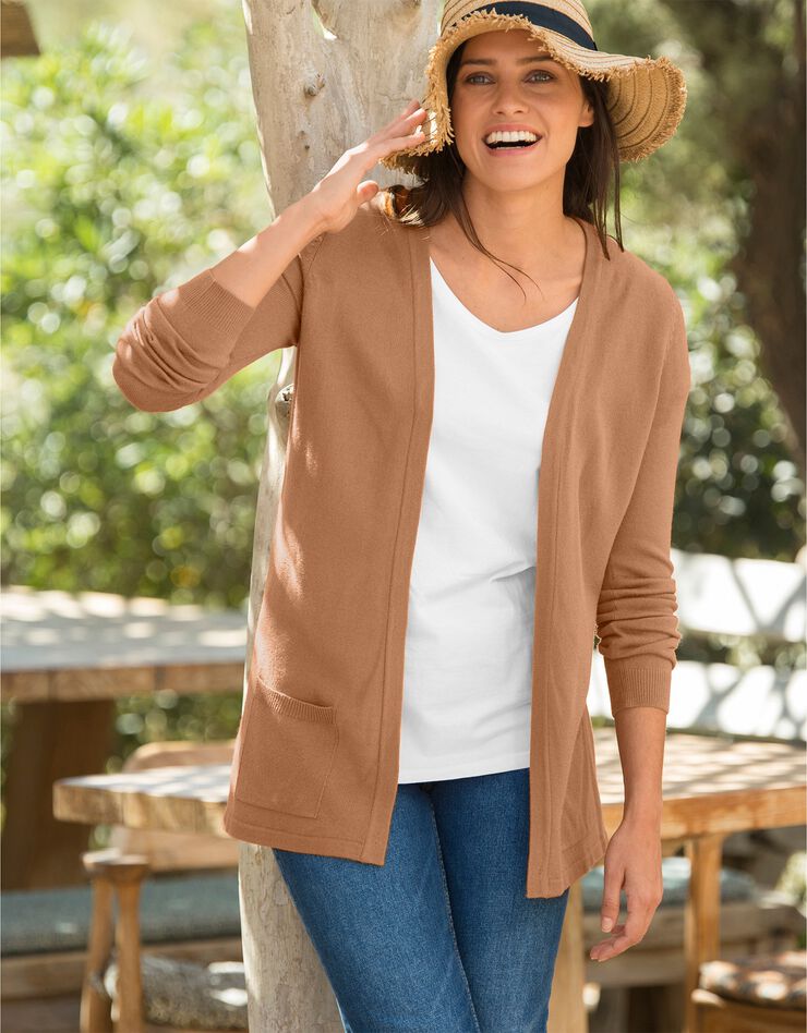 Gilet porter ouvert toucher cachemire (noisette)