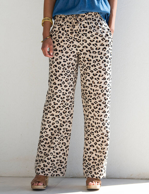 Pantalon fluide taille haute, imprimé léopard (beige / taupe)
