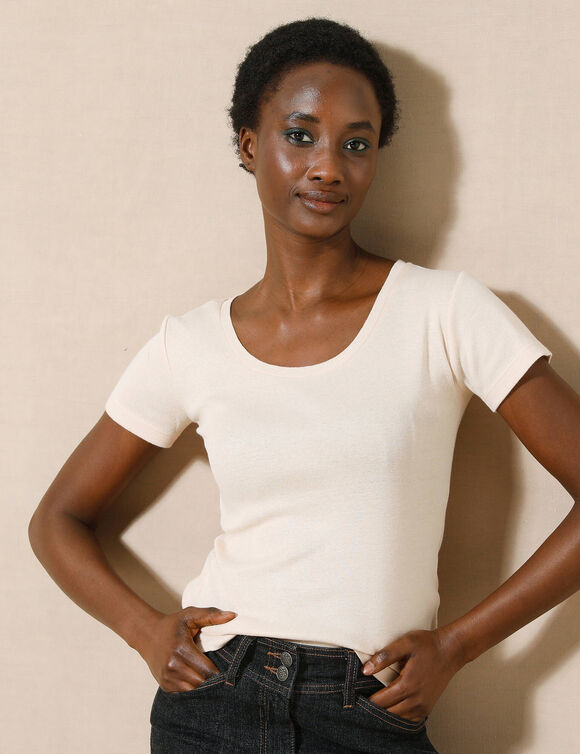 T-shirt col rond uni manches courtes en coton biologique(**) (beige)