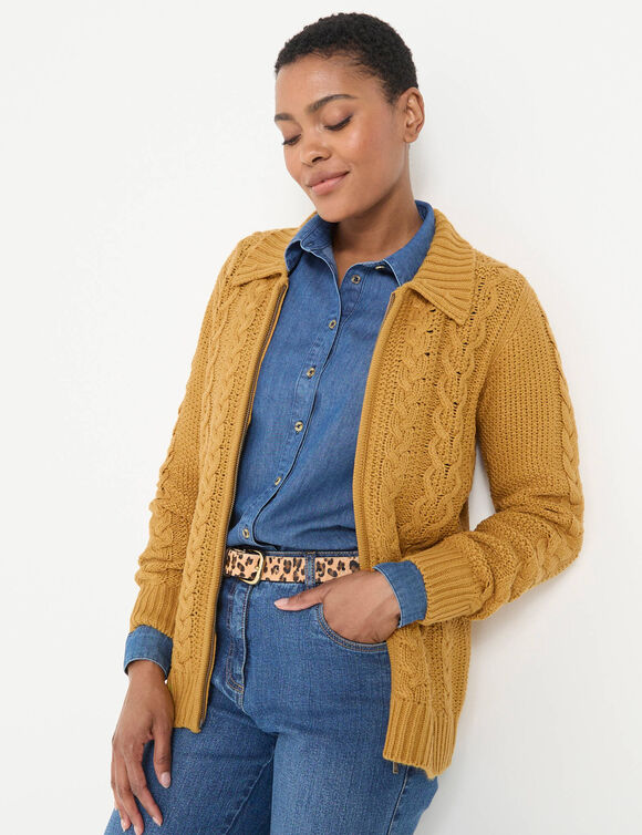 Gilet zippé col polo, maille torsadée (curry)