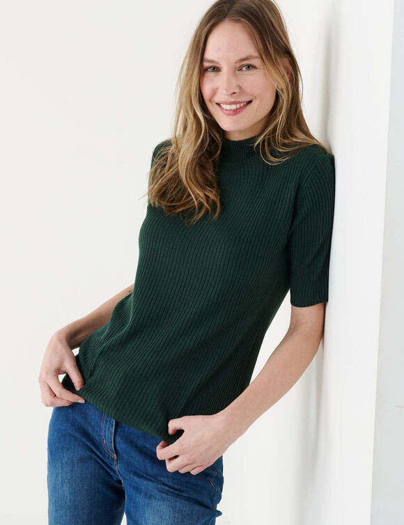 Pull col montant manches courtes, maille c&ocirc;tel&eacute;e (vert fonc&eacute;)