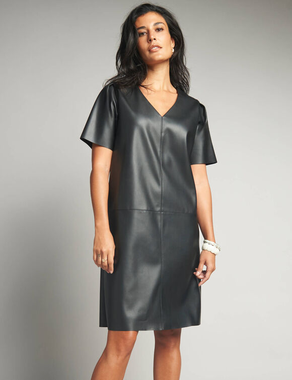 Robe trapèze courte, aspect cuir (noir)