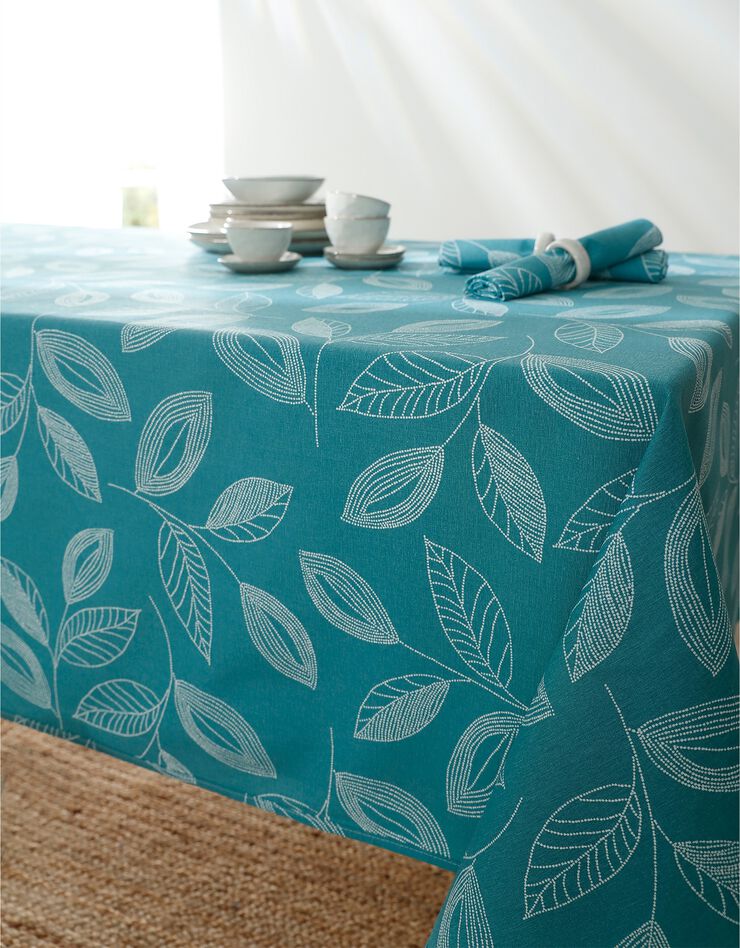 Nappe anti-taches bicolore imprimée feuilles (bleu canard) Nappe anti-taches bicolore imprimée feuilles (bleu canard)