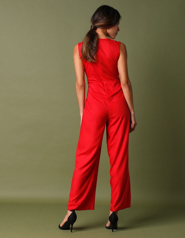 Combinaison pantalon unie col V sans manches  (rouge)