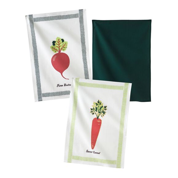 Torchons légumes + uni coton - lot de 3 (vert / orange)