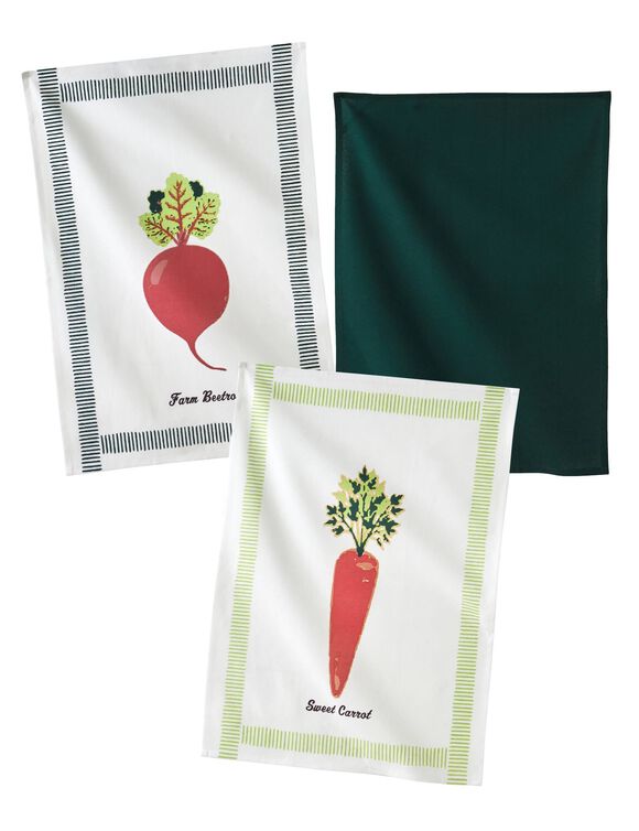 Torchons légumes + uni coton - lot de 3 (vert / orange)