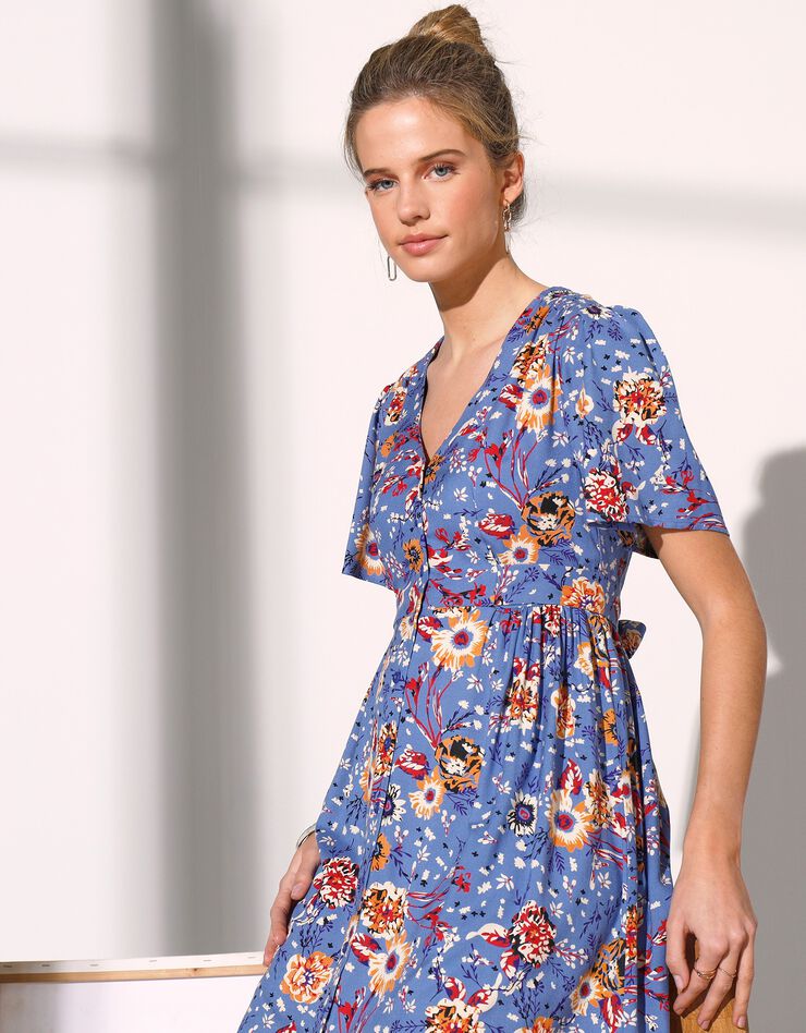 Robe boutonnée imprimée manches courtes (bleu grisé)