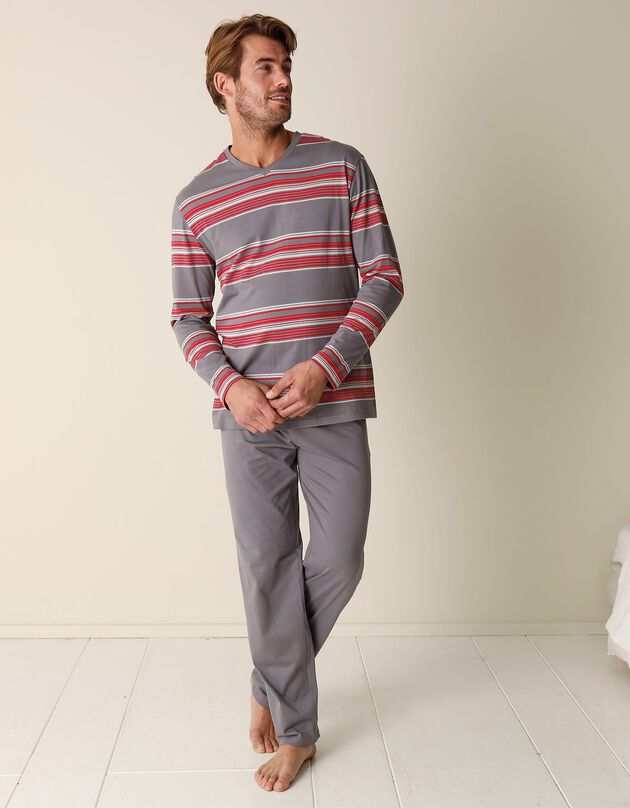 Pyjama col V coton rayé (gris / rouge)
