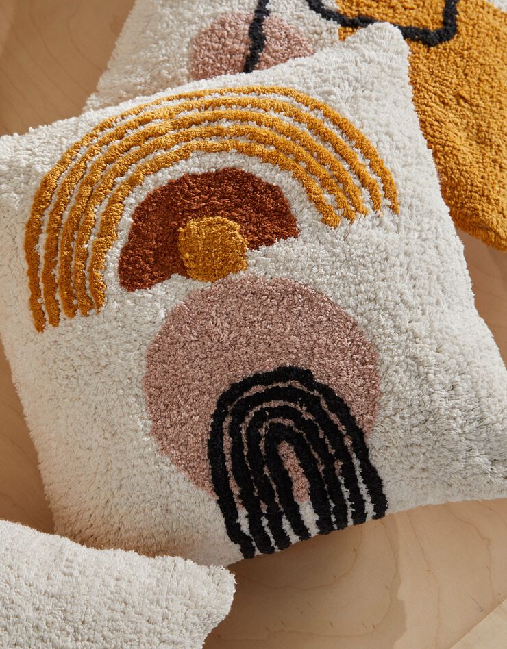 Coussin art-déco imprimé sphère tufté - coton  (blanc / orange)