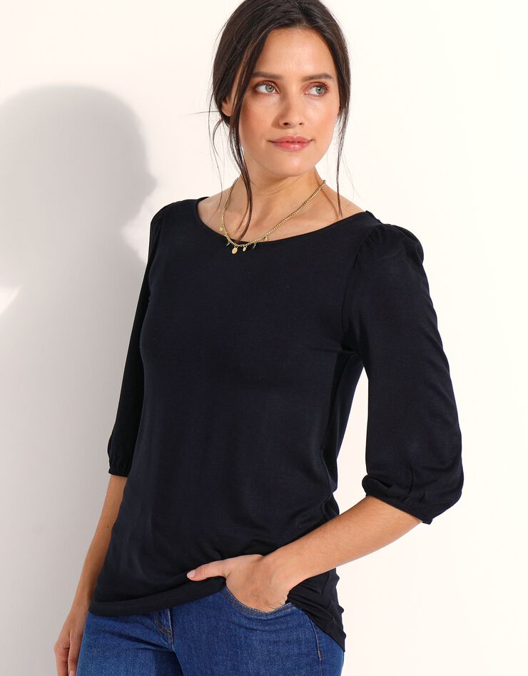 Tee-shirt uni manches coude, fronces épaules (noir) Tee-shirt uni manches coude, fronces épaules (noir)