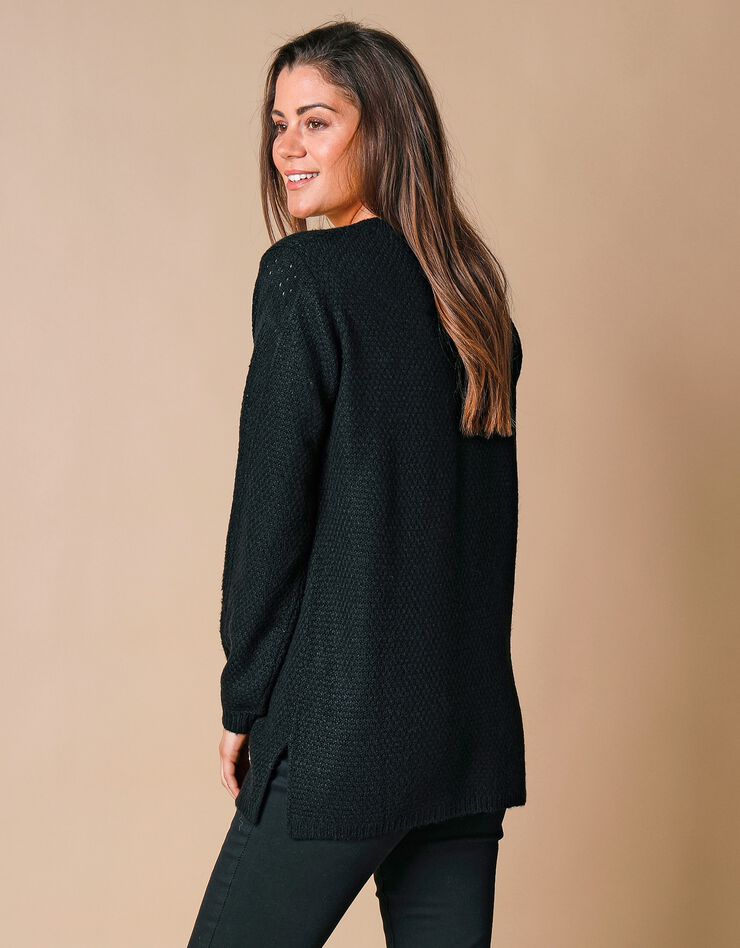 Pull tunique col V maille ajourée toucher mohair (noir) Pull tunique col V maille ajourée toucher mohair (noir)