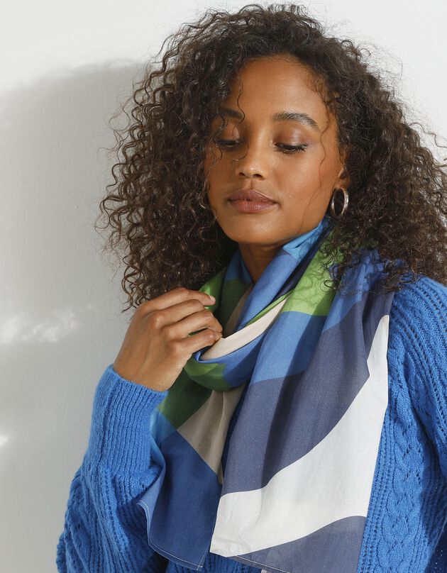 Foulard style chèche fabriqué en France imprimé abstrait, 160 x 70 cm - coton (bleu / vert)