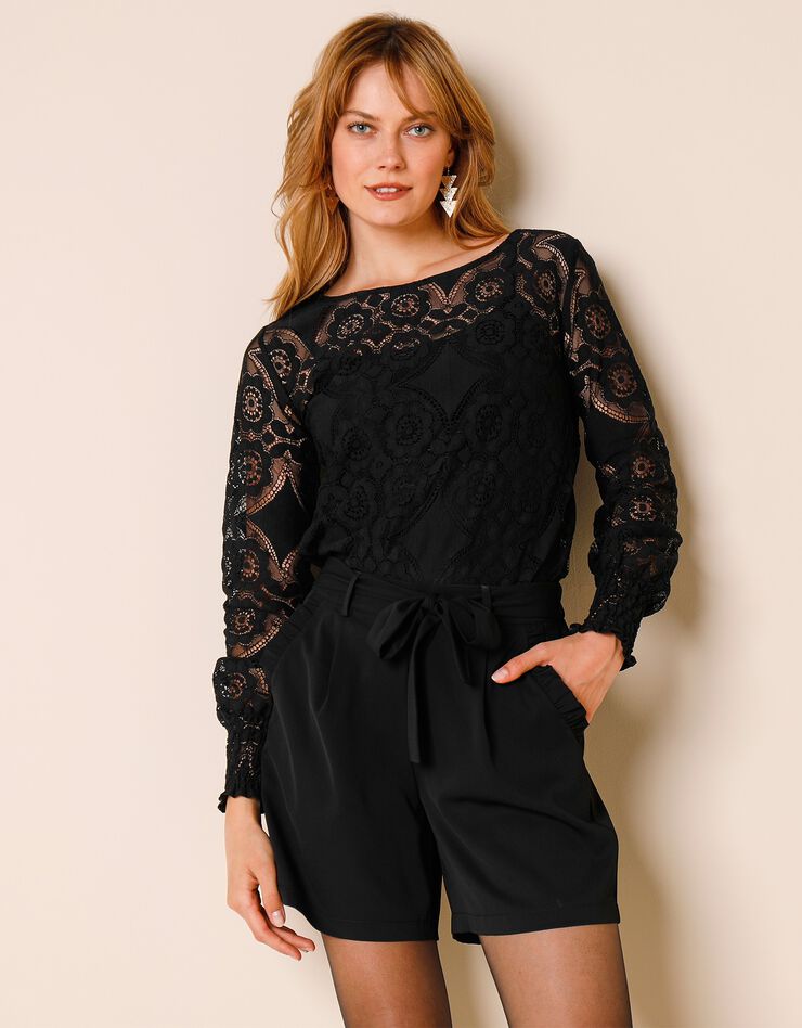 Tee-shirt dentelle manches longues blousantes (noir) Tee-shirt dentelle manches longues blousantes (noir)