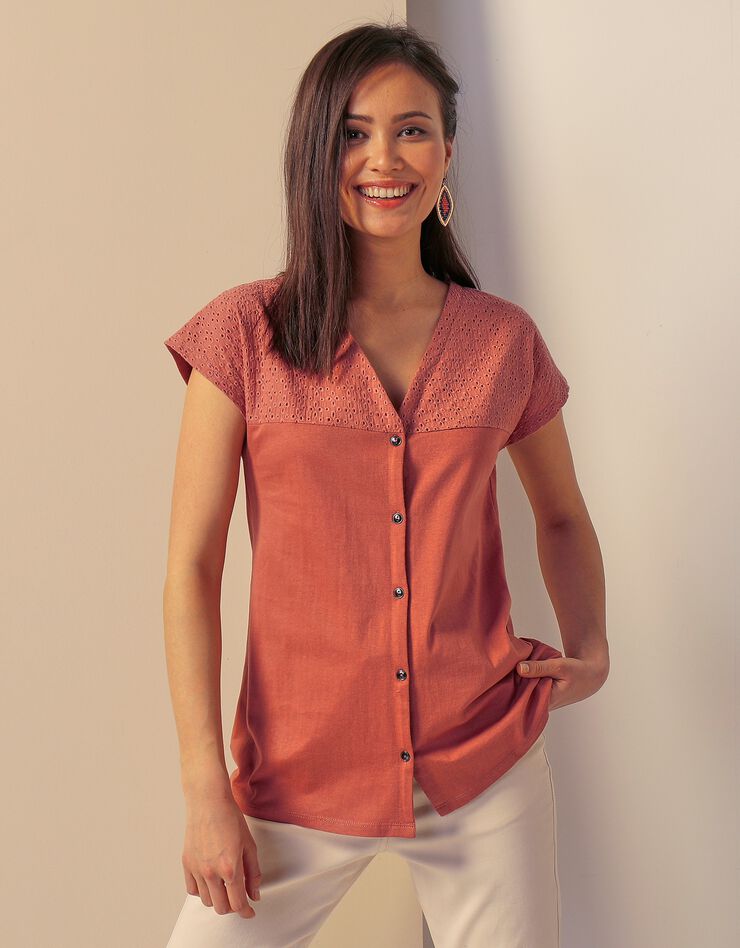 Tee-shirt boutonné, broderie anglaise (terracotta)