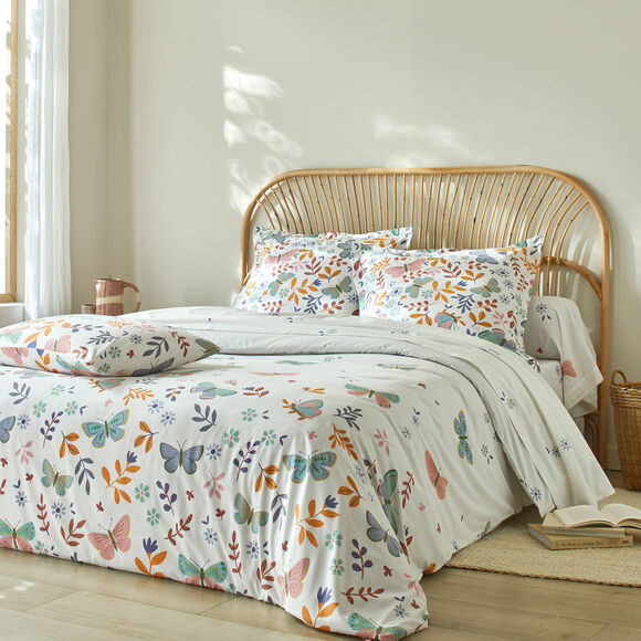 Linge de lit Envolée en coton à motifs papillons (blanc)