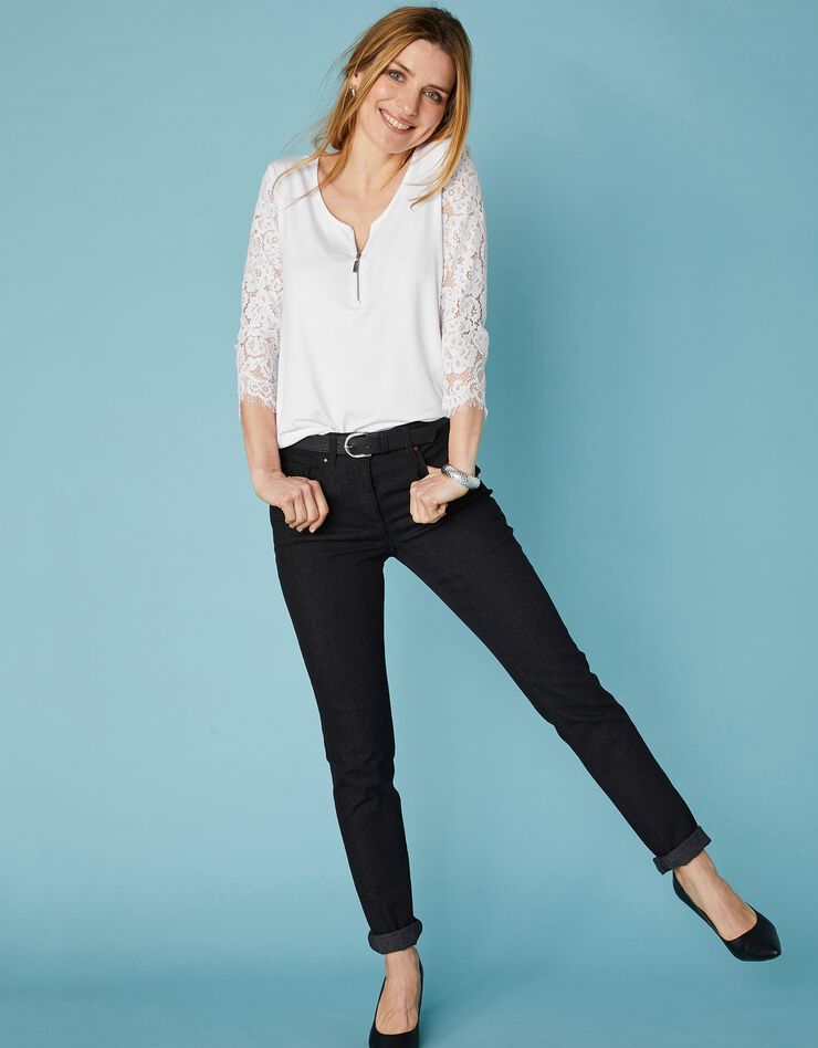 Tee-shirt col zippé manches 3/4 dentelle jersey (blanc) Tee-shirt col zippé manches 3/4 dentelle jersey (blanc)