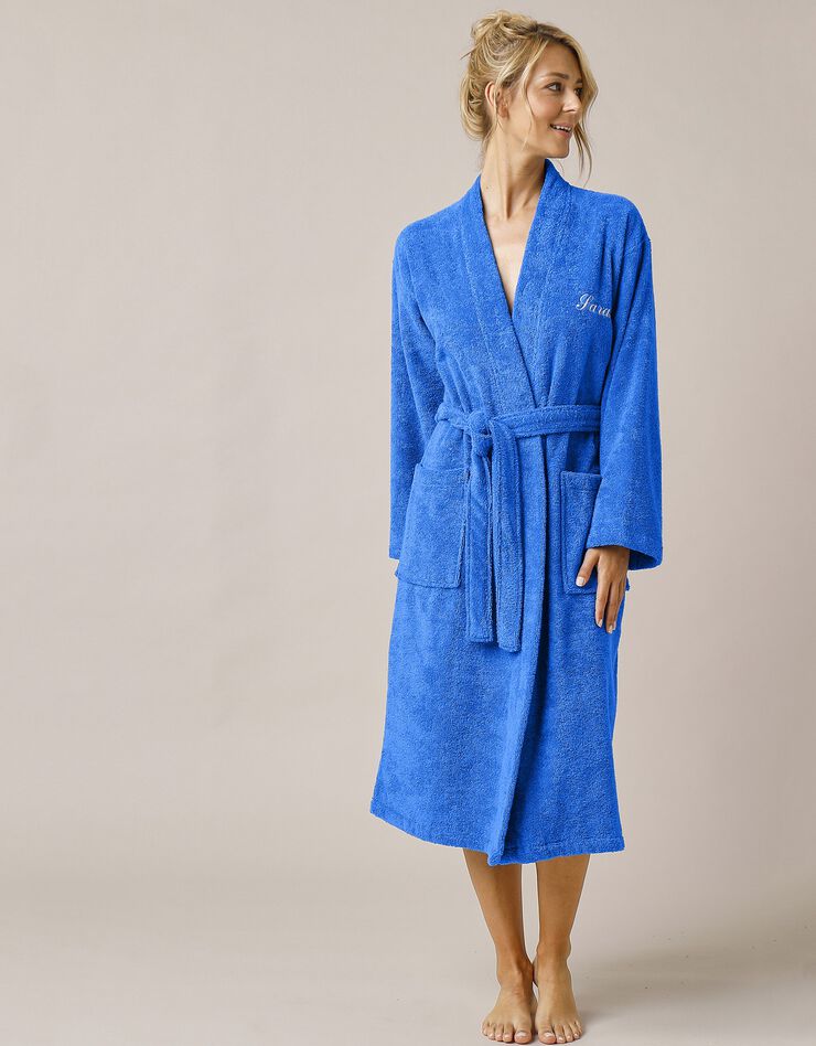 Peignoir mixte adulte uni coton éponge bouclette col kimono personnalisé (bleu dur)