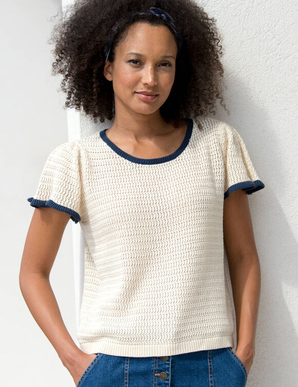 Pull manches courtes, maille fantaisie (écru / marine)