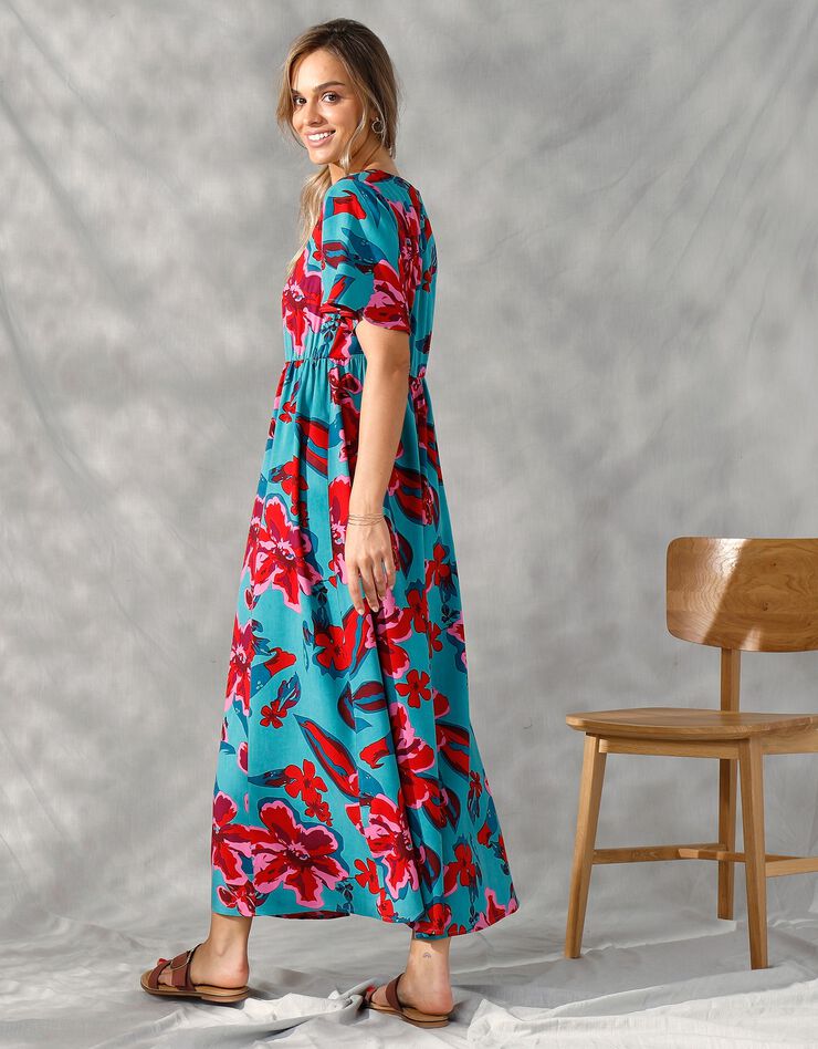 Robe longue manches "papillon" imprimée grandes fleurs (lagon / corail)