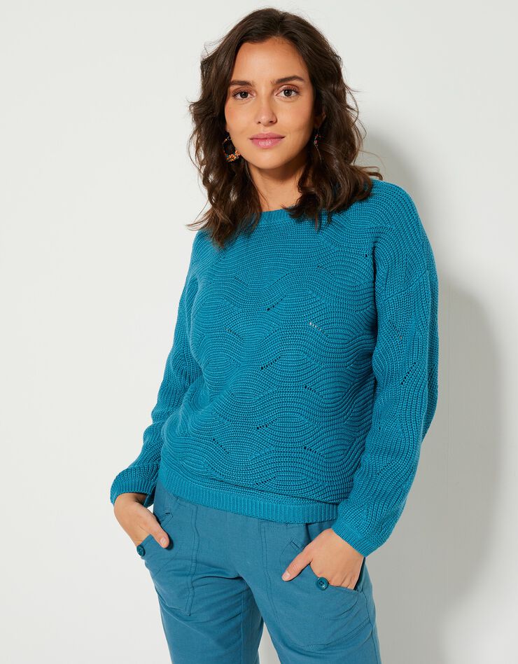 Pull manches longues, maille fantaisie (turquoise)