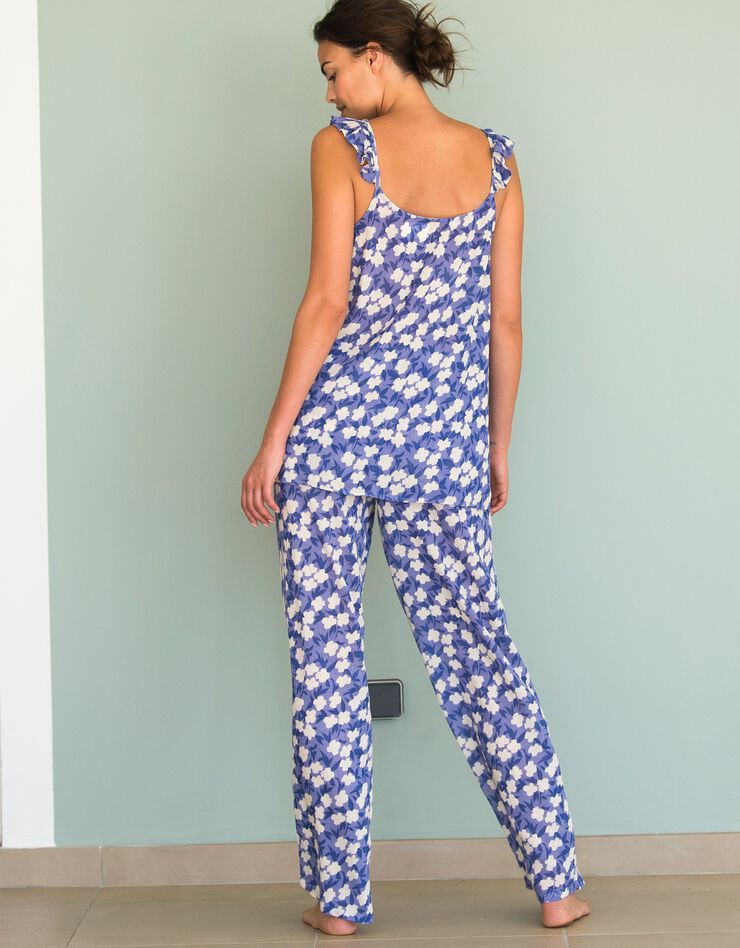 Pyjama pantalon léger en viscose créponnée imprimé fleuri (bleu)