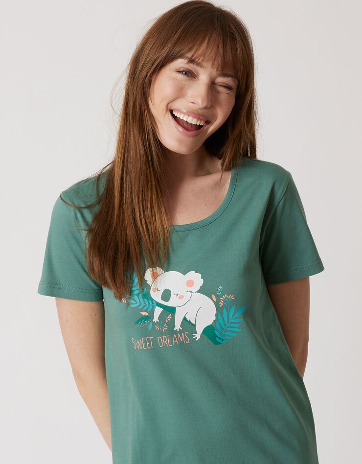 Chemise de nuit longue à manches courtes imprimé koala (kaki)