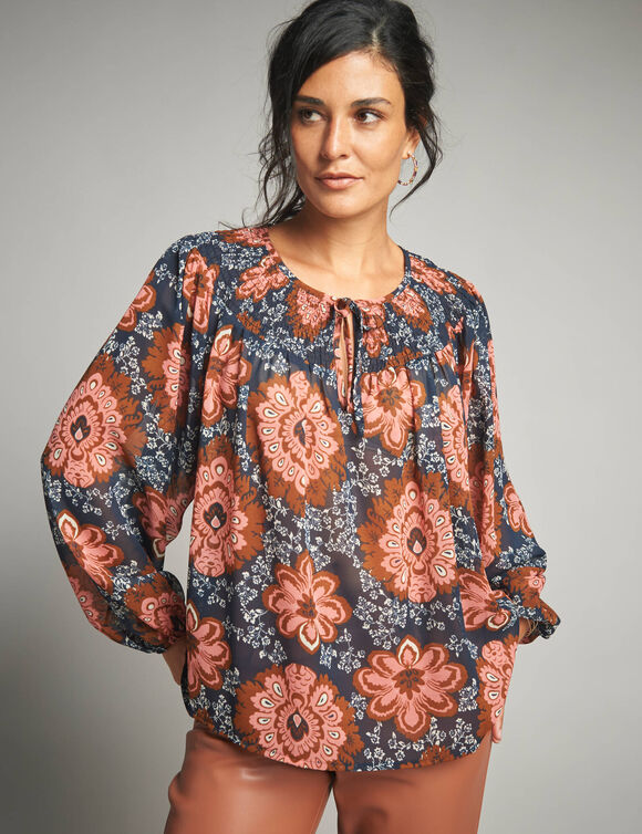 Blouse en voile, imprim&eacute;e (marine / corail)