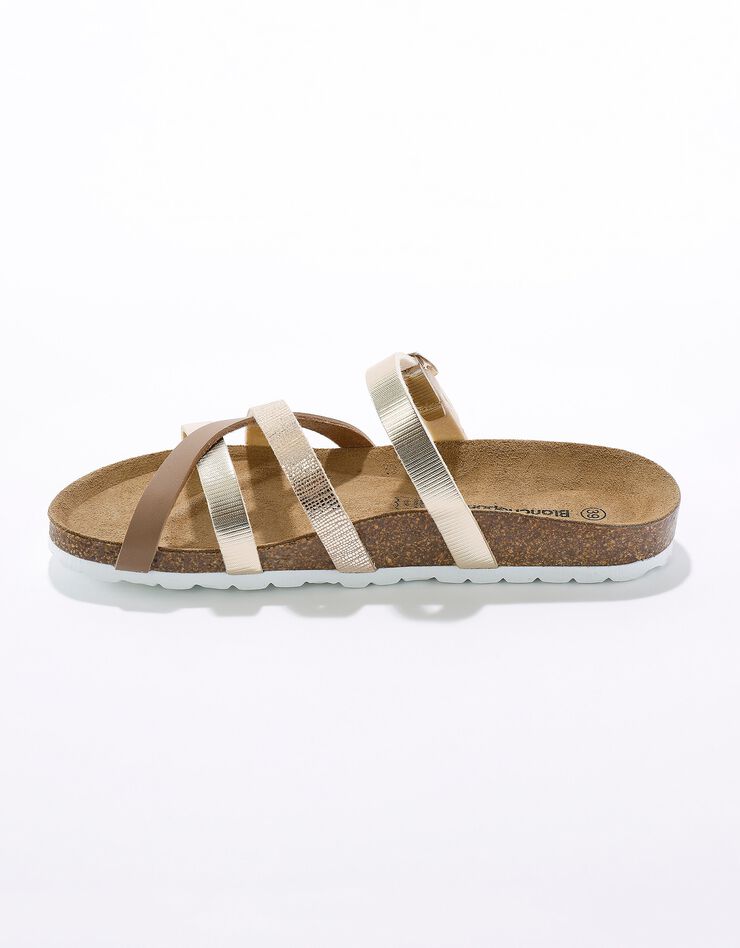 Mules compensées multibrides à boucle réglable en cuir semelle liège (taupe / doré) Mules compensées multibrides à boucle réglable en cuir semelle liège (taupe / doré)