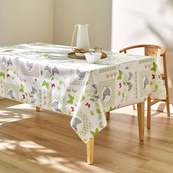 Nappe toile cir&eacute;e imprim&eacute; poules (blanc / vert)