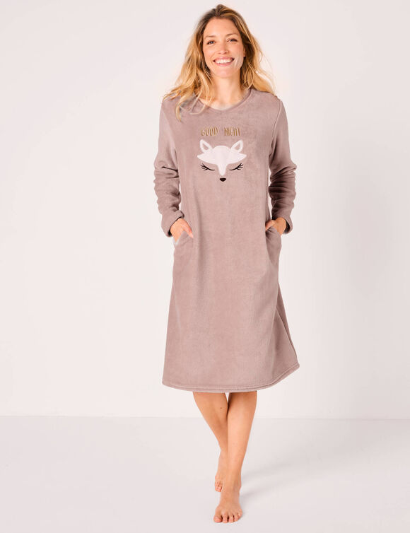 Chemise de nuit longue motif "renard", maille polaire (taupe)