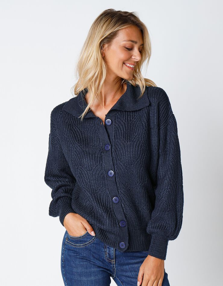 Cardigan maille fantaisie manches blousantes avec col (marine) Cardigan maille fantaisie manches blousantes avec col (marine)