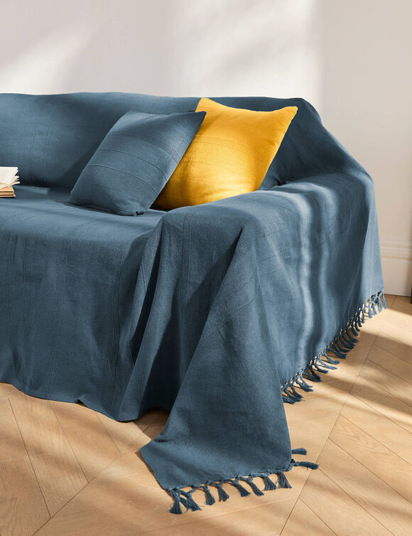   Plaid ou jet&eacute; uni coton tissage artisanal (bleu marine)