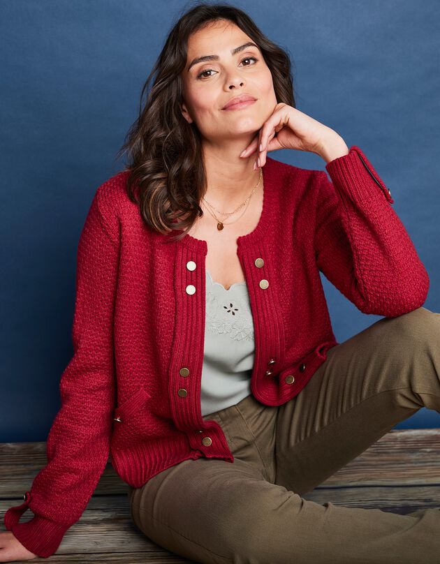 Gilet maille fantaisie boutons dorés vieillis (cerise)