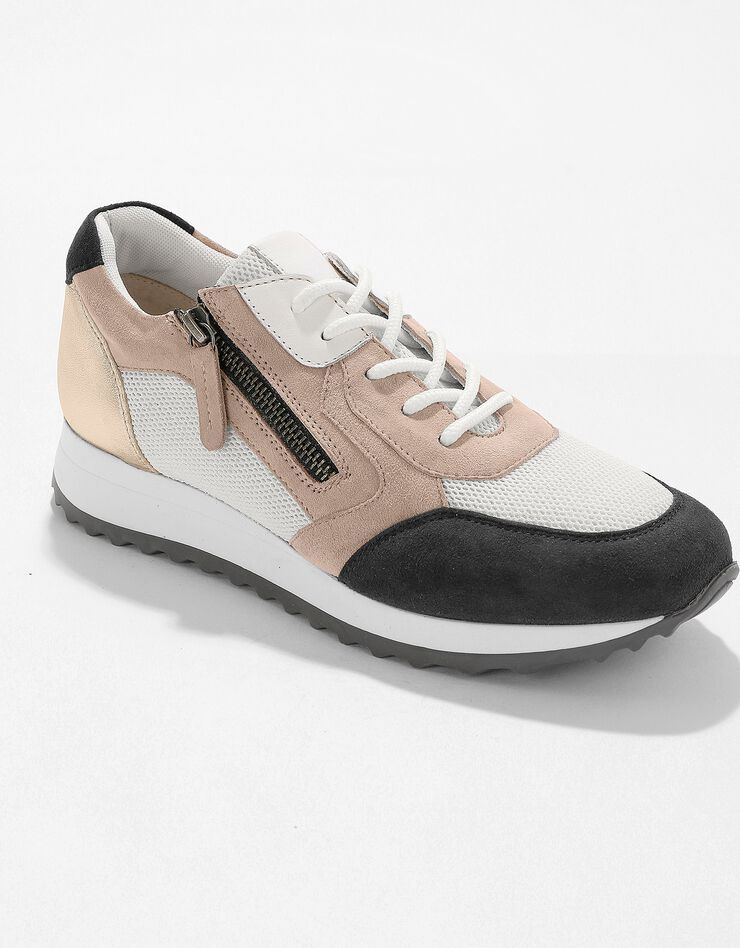 Sneakers style running zippées en cuir multicolore à semelle compensée (gris / doré) Sneakers style running zippées en cuir multicolore à semelle compensée (gris / doré)