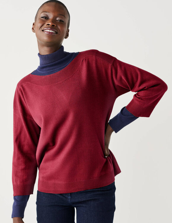 Pull col bateau manches 3/4, toucher doux (prune)