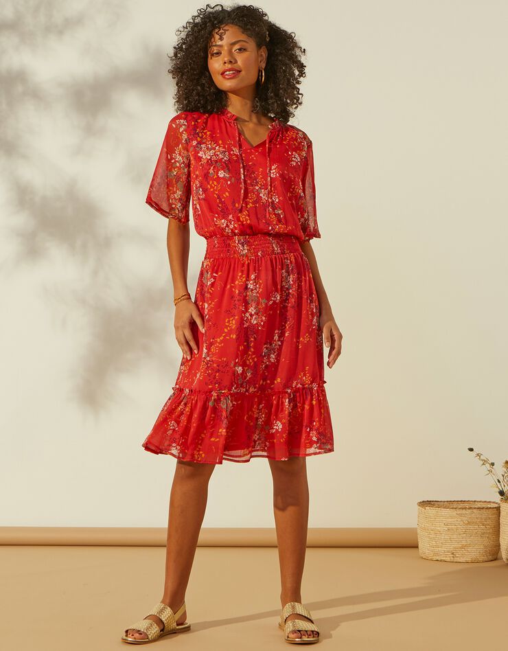 Robe volantée en voile imprimé (corail) Robe volantée en voile imprimé (corail)