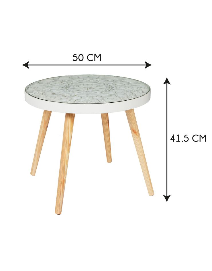 Table basse en bois - plateau à motifs arabesques (blanc)