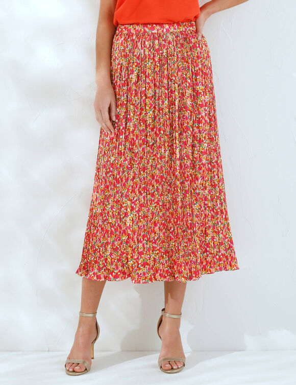 Jupe plissée satin imprimé (orange / rose)
