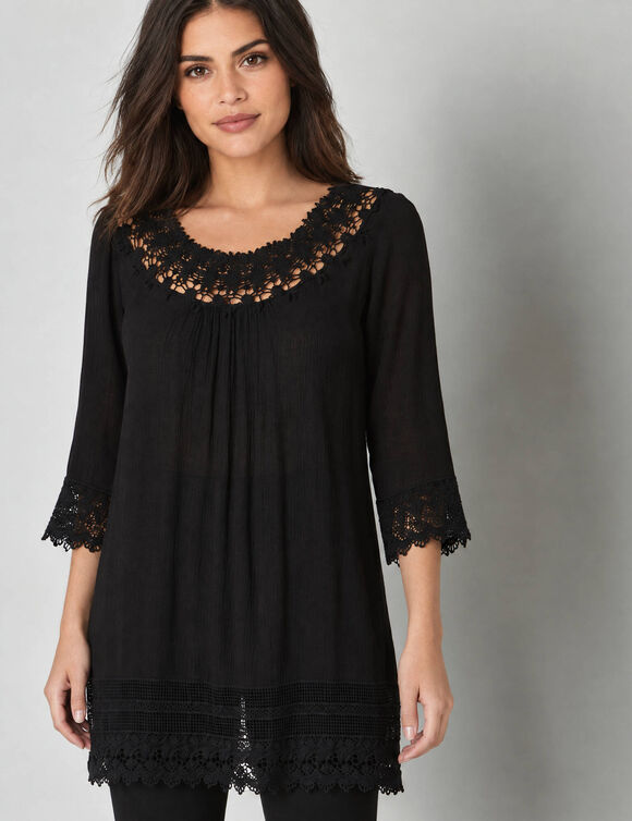 Tunique macram&eacute; manches 3/4, cr&eacute;pon (noir)