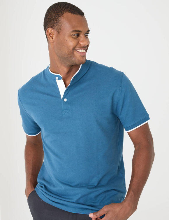 Polo uni col mao maille piqu&eacute;e manches courtes (bleu canard)