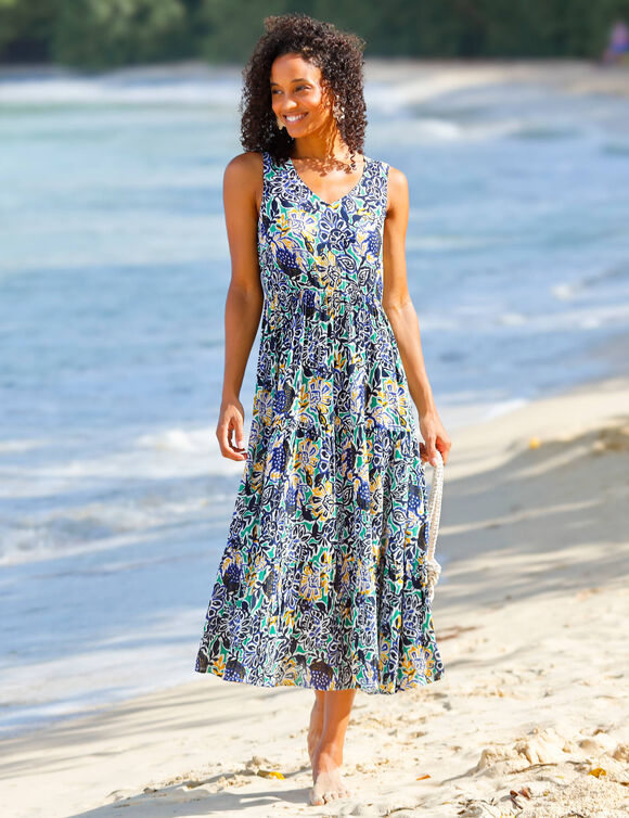 Robe longue &agrave; volants, cr&eacute;pon imprim&eacute; (bleu / vert)