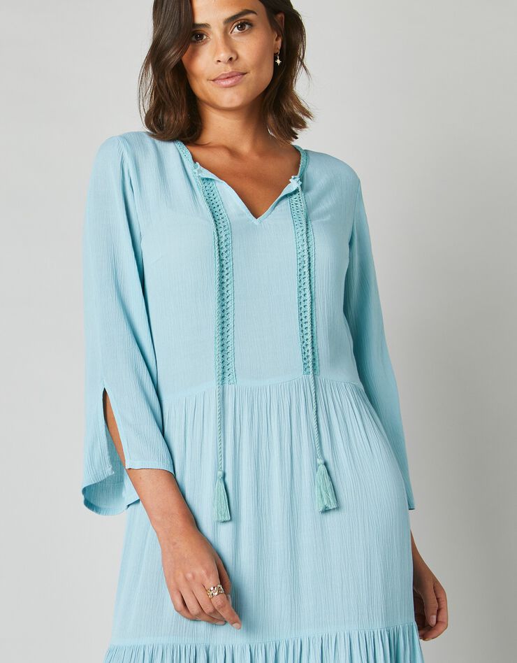 Robe longue unie manches 3/4 fendues, crépon (aqua)