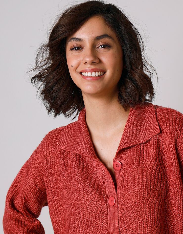 Cardigan maille fantaisie manches blousantes avec col (bleu paon)