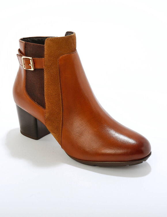Boots en cuir bi-matière élastiquées à boucle et à talon (caramel)