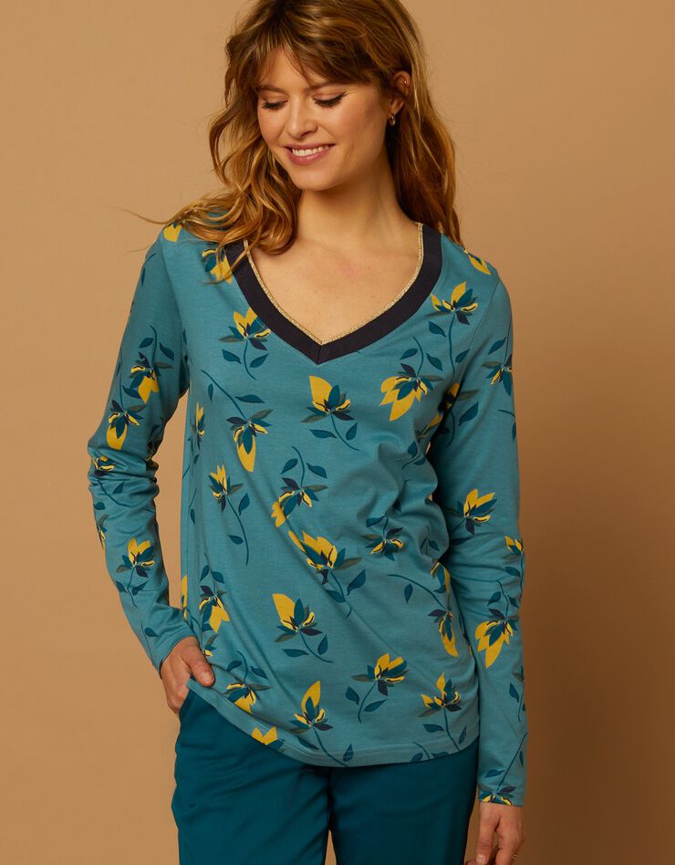 Tee-shirt col V biais doré imprimé fleurs (bleu / safran) Tee-shirt col V biais doré imprimé fleurs (bleu / safran)