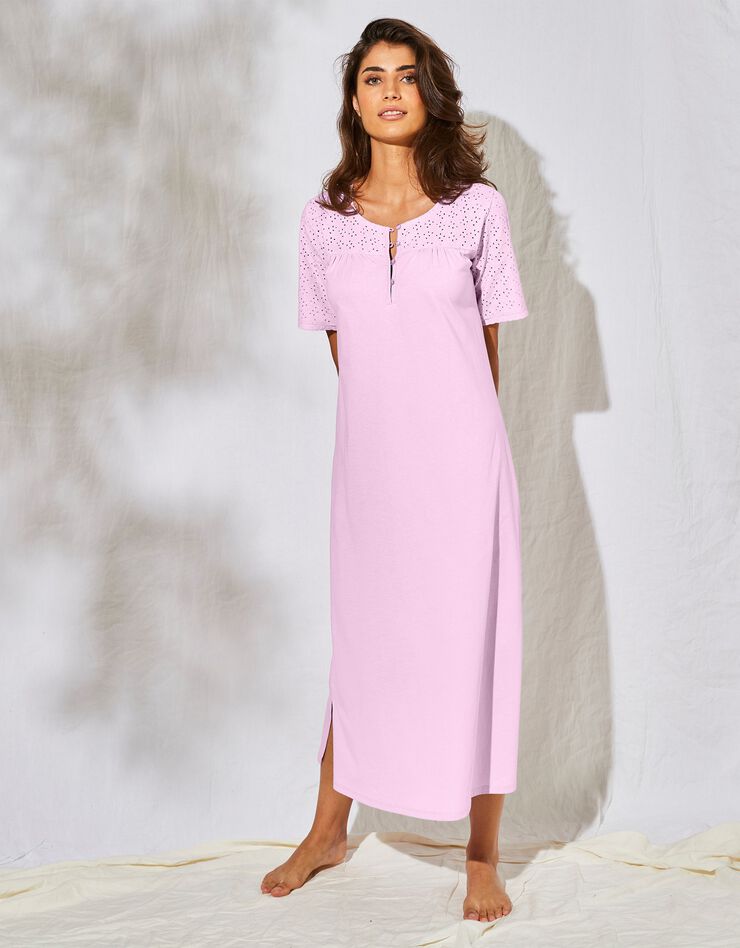 Chemise de nuit longue coton et broderie anglaise  (lilas)