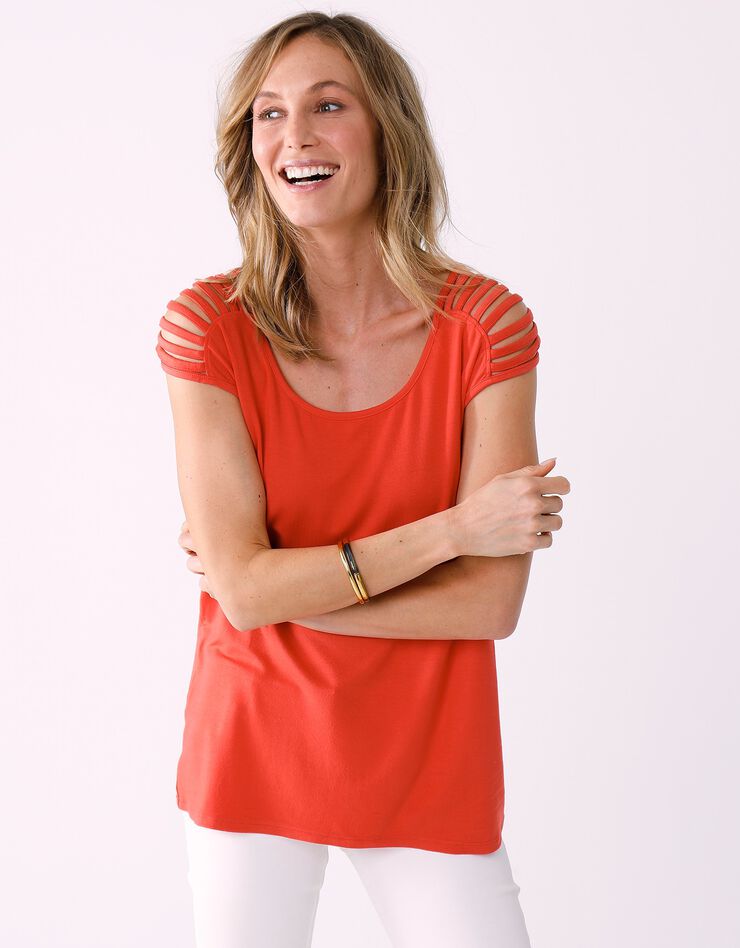 Tee-shirt "boîte" laçage épaules maille unie (corail)