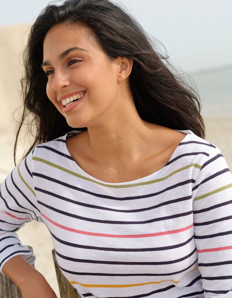 Tee-shirt marinière rayé manches 3/4 (blanc / multicolore) Tee-shirt marinière rayé manches 3/4 (blanc / multicolore)