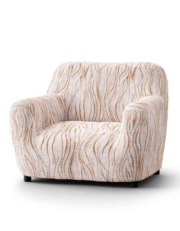 Housse bi-extensible microfibre imprimé vagues pour fauteuil et canapé (beige)